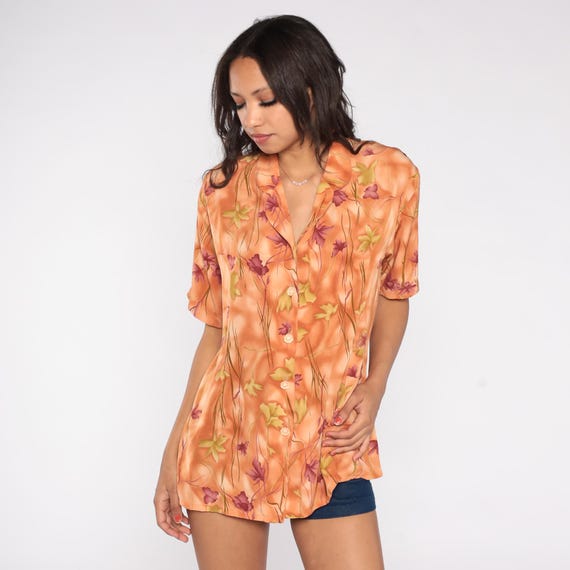 Orange Floral Blouse 90s Vintage Summer Short Sleeve Button Up Cute Floral Print Prairie Romantic Flower Buttons Soft Pretty Sweet Large L