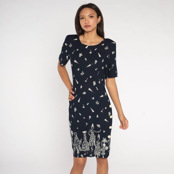 90s Floral Dress Black White Novelty Flower People Print Dress Midi Sheath Dress Button Side Summer 1990s Vintage Short Sleeve Medium Large