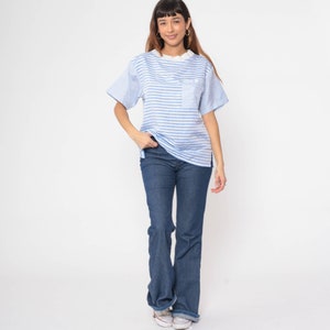 Striped T Shirt 90s Pocket T Shirt White Blue RINGER Tee 90s Grunge Hipster Retro Tee Vintage Normcore Short Sleeve Polyester Large L image 3