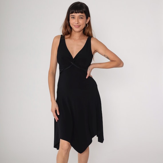 90s Black Cocktail Party Dress Twist Front Bodice Sleeveless V Neck Handkerchief Hem Vintage Little Black Dress Evening Clubwear Medium M