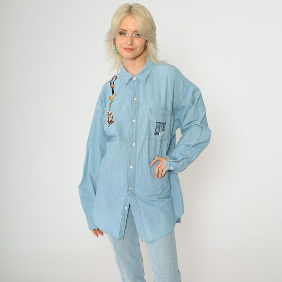 レア 90s US古着○ルーニーテューンズ 刺繍デニムシャツ メンズXL