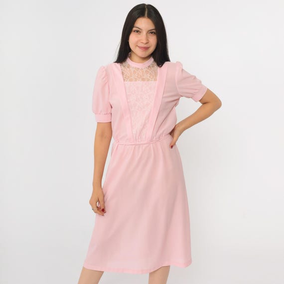 80s Baby Pink Midi Dress Lace Trim Victorian Mock Neck High Waisted Pastel Party Short Puff Sleeve Vintage 1980s Small S