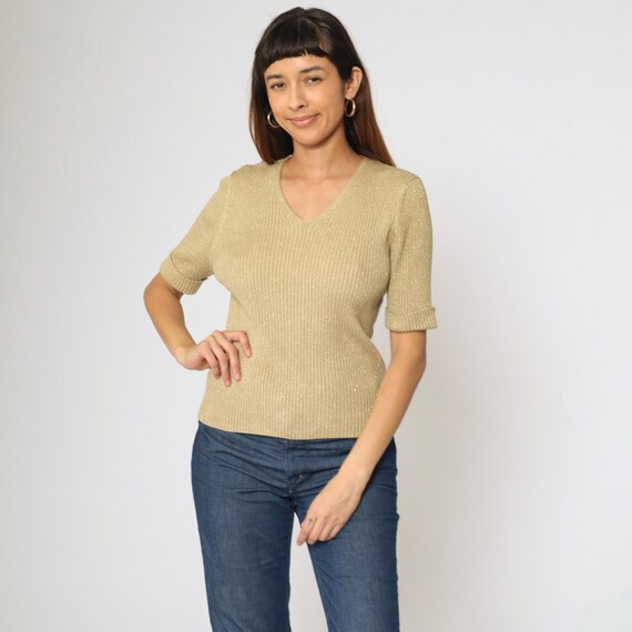 Vintage Gold Knit Shirt 90s Sparkly Metallic Blouse Short Sleeve Top 1990s Sweater Hipster V Neck Party Top Classic Retro Medium