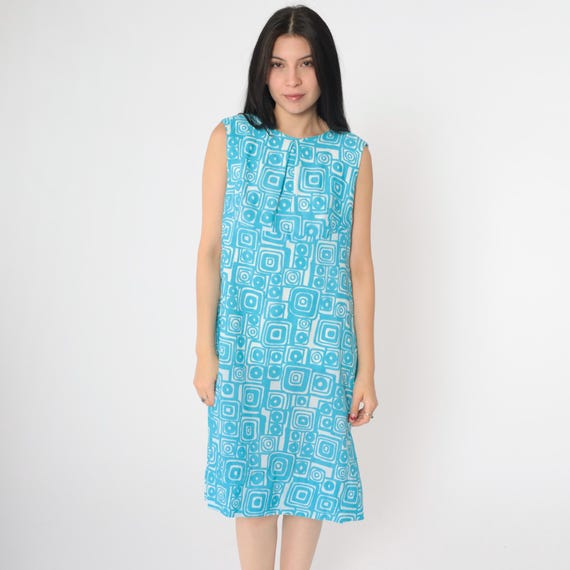 60s Mod Dress Blue Geometric Dress Psychedelic Shift Midi 1960s Sixties Twiggy 70s Vintage Sleeveless Large L