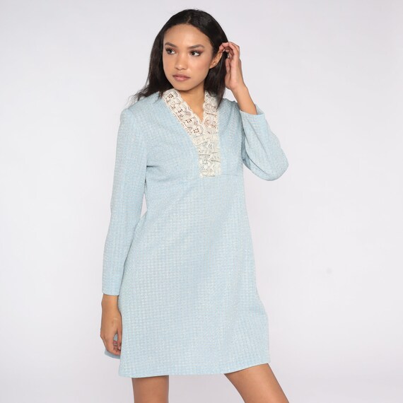 70s Babydoll Dress Mod Metallic Silver Blue Dress Gingham Mini Party Cocktail Hippie Lace Check 60s Boho Vintage Empire Waist Medium Large