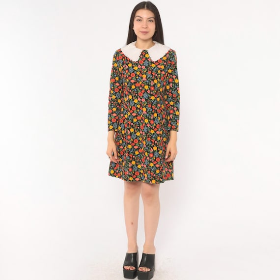 60s Floral Peter Pan Collar Dress Black Wildflower Print Lace Trim Cotton Shift Mini Long Sleeve Garden Party Colorful Red Yellow Small S
