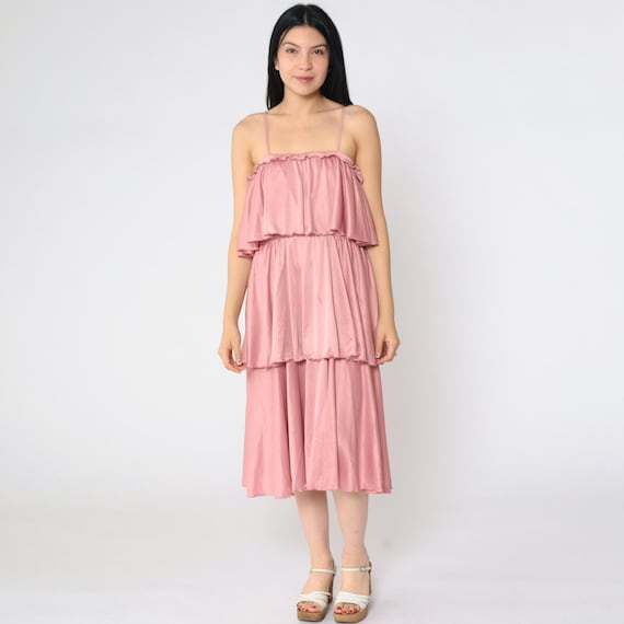 Vintage Tiered Disco Dress 1970s Bohemian Midi 70s Grecian Sundress Boho Party Dusty Pink Spaghetti Strap Flowing Summer Medium M