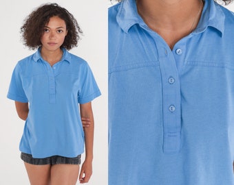 Blue Polo Shirt 90s Collared T-shirt Preppy Basic Short Sleeve Top Half Button Up Plain Casual Blouse Single Stitch Vintage 1990s Large L