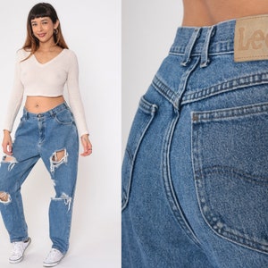 Jeans déchirés Lee des années 90, taille haute, jambe fuselée décontractée, pantalon en denim effet vieilli décontracté rétro des années 90, 32 moyenne grande image 1