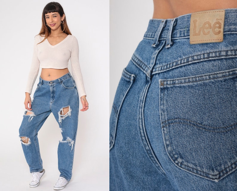 Jeans déchirés Lee des années 90, taille haute, jambe fuselée décontractée, pantalon en denim effet vieilli décontracté rétro des années 90, 32 moyenne grande image 1