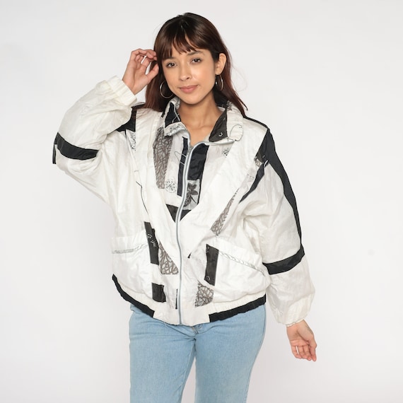 Abstract Floral Windbreaker 90s Black White Zip Up Jacket Retro Streetwear Nylon Shell Warmup Sporty Track Jacket Vintage 1990s Large L