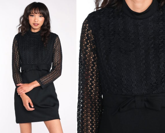 Black Lace Dress 60s 70s Babydoll Mini Mod Party Bow 1960s Formal Cocktail Hippie Vintage Empire Waist Sheer Sleeve Crochet LBD Medium 8