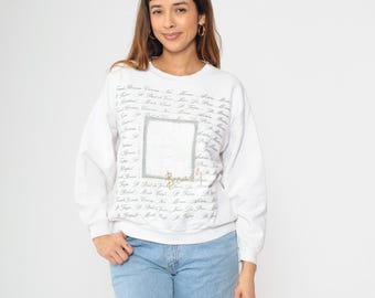 Vintage 90s French Riviera Sweatshirt White Paris Monaco St Tropez Print Palm Tree Long Sleeve Pullover Beach Travel Theme 1990s Large L