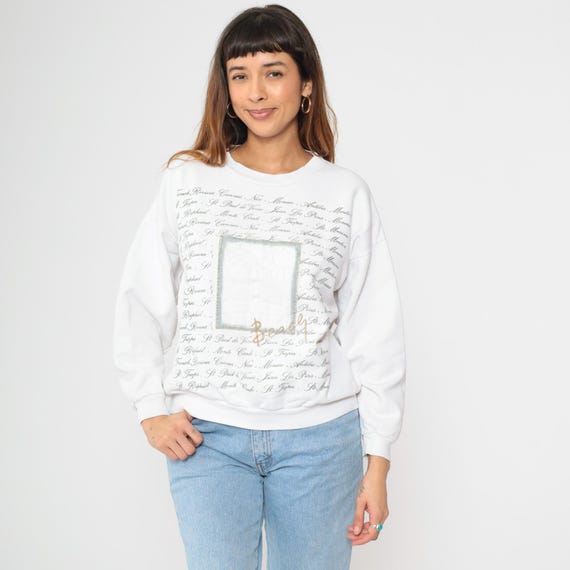 Vintage 90s French Riviera Sweatshirt White Paris Monaco St Tropez Print Palm Tree Long Sleeve Pullover Beach Travel Theme 1990s Large L