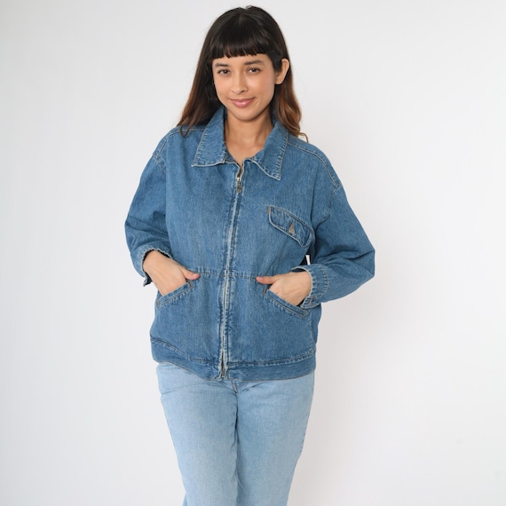 Y2K Denim Zip Up Jacket Route 66 Blue Jean Windbreaker Jacket Vintage Normcore 00s Streetwear Collared Retro Size Large L