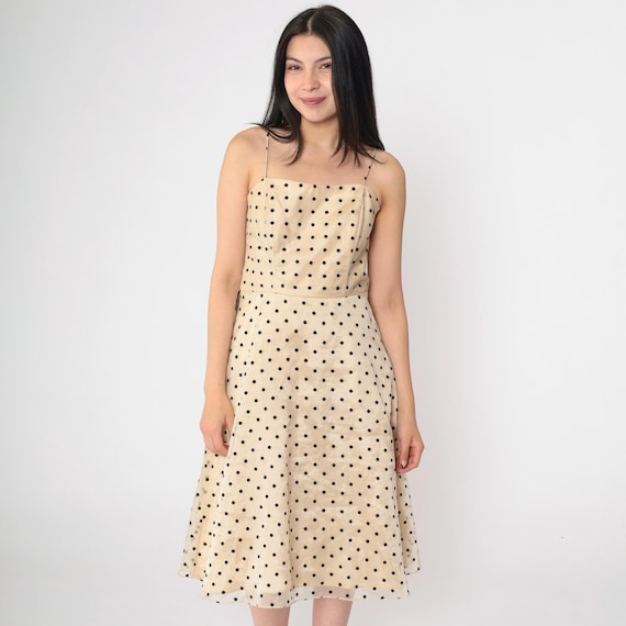 Vintage 90s Polka Dot Organza Dress Beige Party Dress Black Flocked Dot Fit and Flare Spaghetti Strap Midi Dress 1990s Evening Small 4