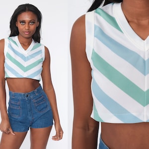 Regata anos 70, blusa curta listrada branca, gola V, camisa retrô, sem mangas, boho, vintage dos anos 70, verão, azul, verde, extrapequeno xs