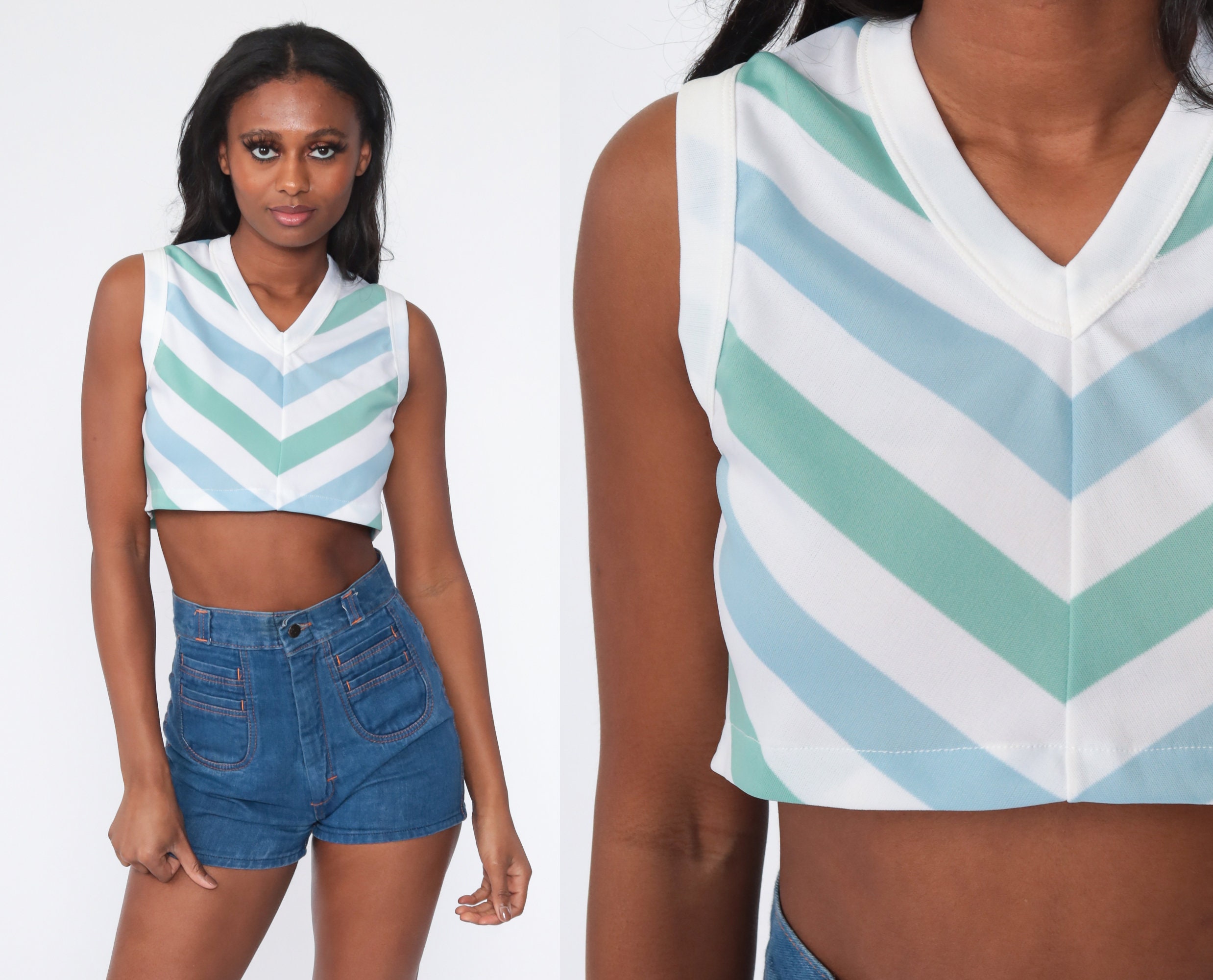 exotisch nachtmerrie overzee 70s Tank Top White Striped Crop Top V Neck Shirt Retro Sleeveless Bohemian  1970s Vintage Summer Blue Green Extra Small xs