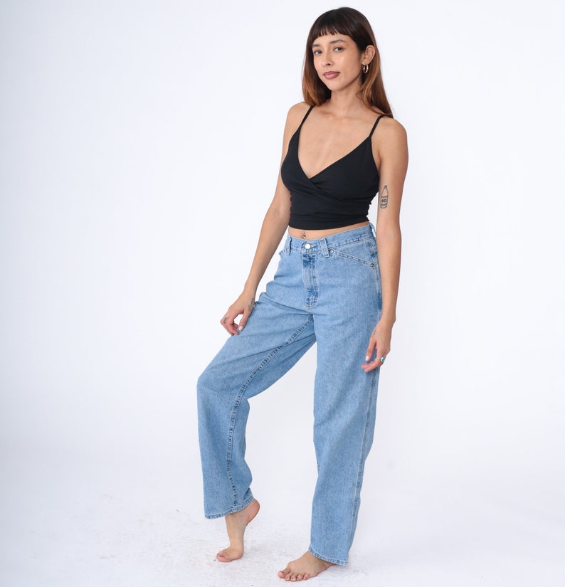Hammer Loop Jeans Y2K Cargo Workwear High Waisted Rise Jeans Relaxed Straight Tapered Leg Light Wash Blue Denim Pants 00s Vintage Medium 10 image 3