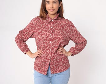 Y2K Express Cream Burgundy Striped Floral Embroidered Fitted Dress Shirt  Size 4 - Etsy