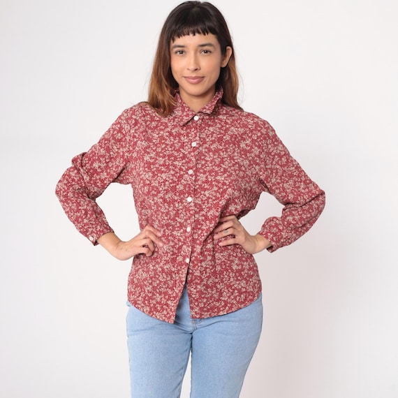 Ditsy Floral Blouse Y2K Red Burgundy Button Front Long Sleeve Collar Vintage Small White Flowers Preppy Office Professional Academia Large L