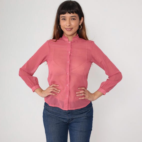 Sheer Pink Blouse 1970s Ruffle Collar Button Front See Through Top Long Sleeve Vintage Secretary Office Feminine Romantic Coquette Small S