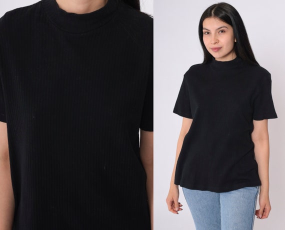 Vintage Black Ribbed Mock Neck T-Shirt 90s Short Sleeve Plain Basic Normcore Casual Top Medium