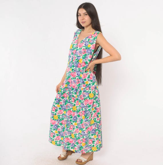 90s Floral Dress Button Front Sleeveless V Neck Cotton Pink Purple Yellow Green Garden Summer Cottagecore Prairie Vintage Extra Large XL