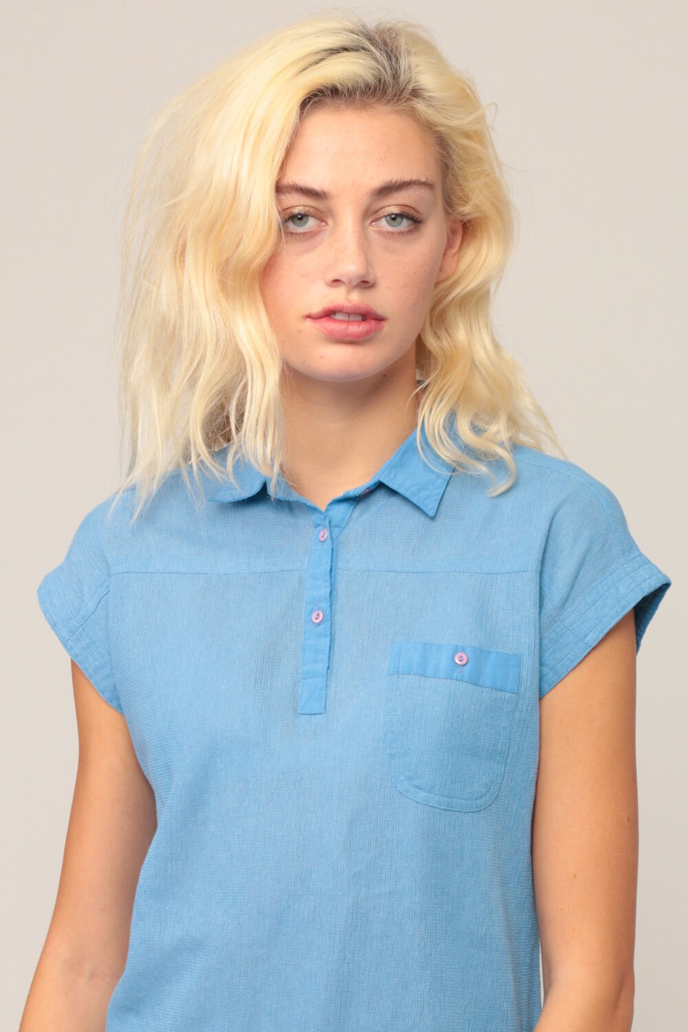 Polo Shirt 80s Shirt Blue Shirt Semi-Sheer Top Cap Sleeve Shirt Retro Half Button Up Polo 