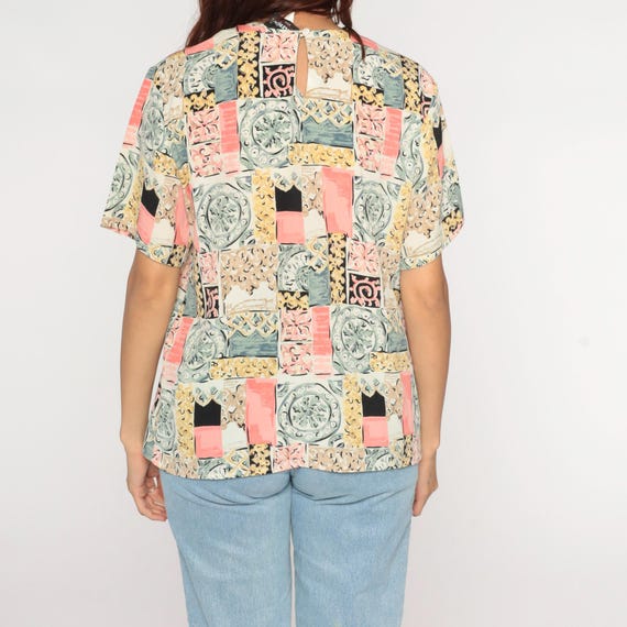 90s Patchwork Blouse Geometric Tile Print Pink Ye… - image 7