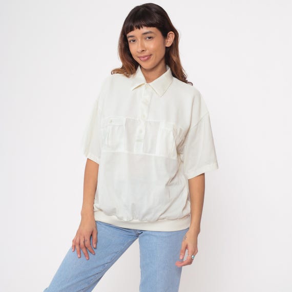 80s White Polo Shirt Cotton Short Sleeve Boxy Collared Chest Pockets Vintage Minimalist Clean Girl Relaxed Fit Cream Golfing Preppy Large L