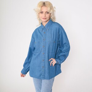 90s Denim Shirt Blue Jean Button Up Blue Grunge Long Sleeve Boyfriend Shirt Chambray Chest Pocket Cotton Vintage 1990s Men&#39;s 16 1/2 32 33