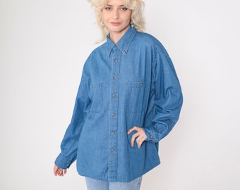 90s Denim Shirt Blue Jean Button Up Blue Grunge Long Sleeve Boyfriend Shirt Chambray Chest Pocket Cotton Vintage 1990s Men's 16 1/2 32 33