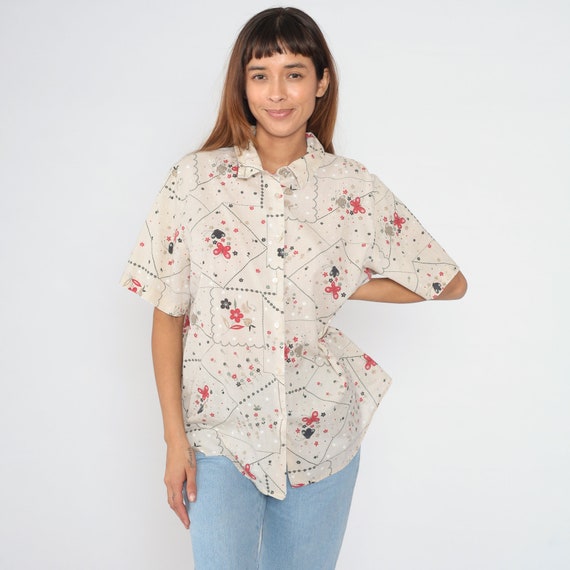 Floral Butterfly Blouse 90s Button up Shirt Flower Butterflies Print Short Sleeve Top Retro Boho Gardening Cute Vintage 1990s Extra Large xl