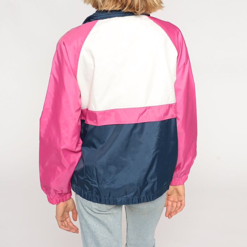 Color Block Windbreaker 90s Zip Up Jacket Retro Pink White Blue Striped Lightweight Shell Hipster Streetwear Nylon Vintage 1990s Medium M image 6