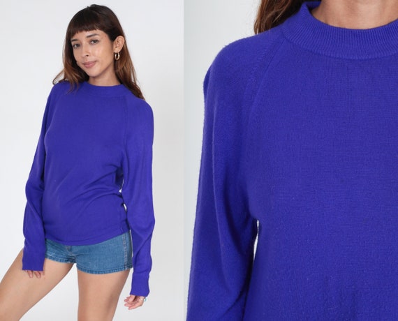 Royal Purple Sweater Plain Sweater 80s Mock Neck … - image 1