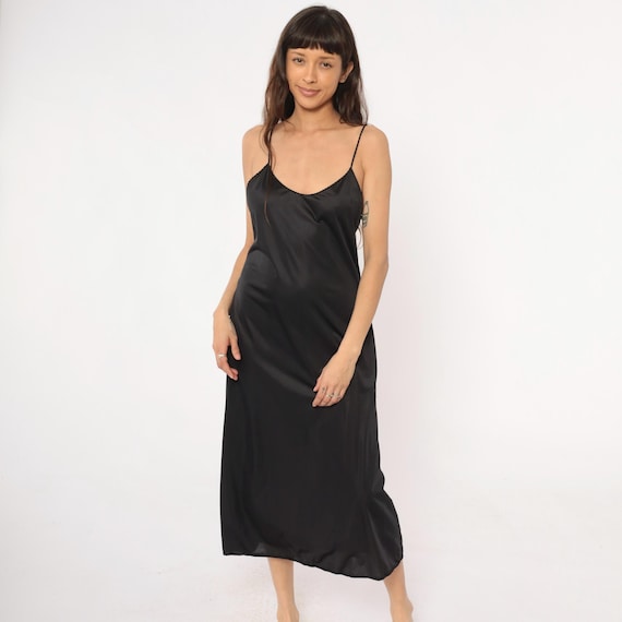 Black Slip Dress 90s Spaghetti Strap Scoop Neck Lace Trim Minimalist Sleeveless Vintage Lingerie Style Nightgown Loungewear Evening Medium M