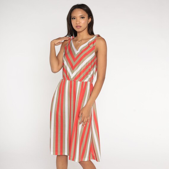 Striped Sundress 80s Midi Dress Red Taupe White Sleeveless Retro Day Sun Dress High Waist Summer Tank High Waisted Vintage 1980s Small S