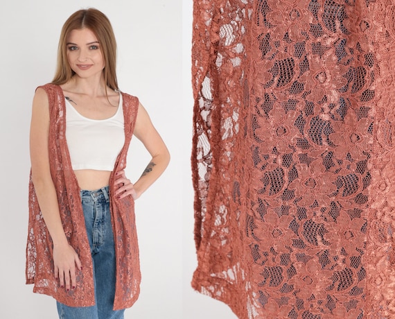 Floral Lace Vest 90s Sheer Terracotta Lingerie Tank Top Sleeveless Shirt Open Front Boho Festival Longline Side Slits Vintage 1990s Large L