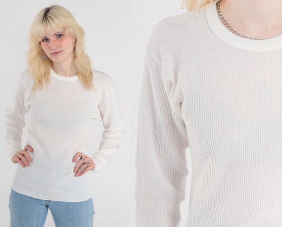 White Thermal Shirt 80s Long Sleeve Undershirt WAFFLE KNIT Shirt 1980s Under Shirt T Shirt Long Johns Retro Tee Layer Vintage Small Medium