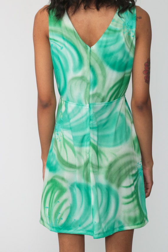 Green Floral Babydoll Dress 70s Mini Sleeveless 1… - image 7
