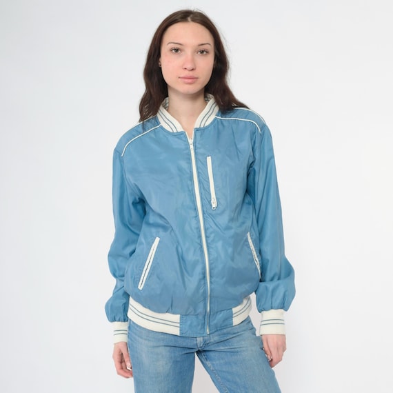 Vintage Reversible Windbreaker Jacket 80s Blue White Color Block Striped 1980s Zip Up Bomber Jacket Sporty Athletic Medium