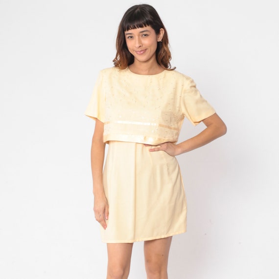 Yellow Eyelet Dress 90s Floral Embroidered Shift … - image 2