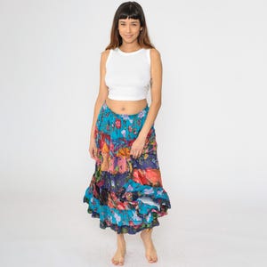 Vintage Floral Broomstick Skirt Indian Patchwork Flower Print Boho Hippie Skirt 90s Midi Bohemian Tiered Skirt Festival Small Medium