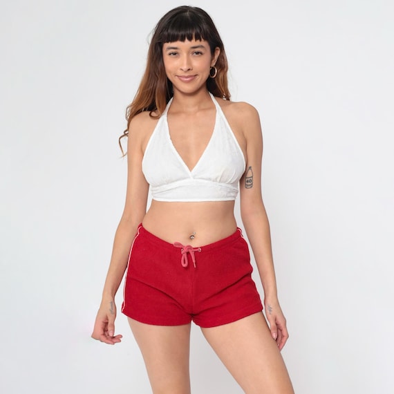 Vintage Red Terry Cloth Shorts Y2K Striped Running Shorts Gym Lounge Drawstring Waist Mid Rise Retro Jogging Hotpants 00s Small S