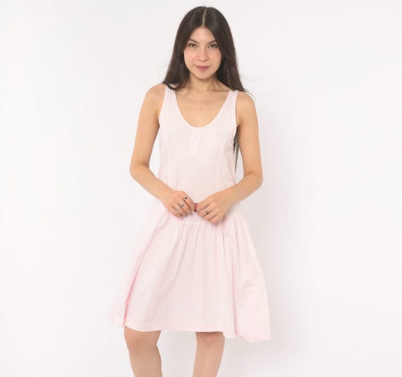 90s Blush Drop Waist Sundress Cotton Tank Dress Pink Button Front Sleeveless Rose Henley Neckline Summer Spring Coquette Balletcore Small S