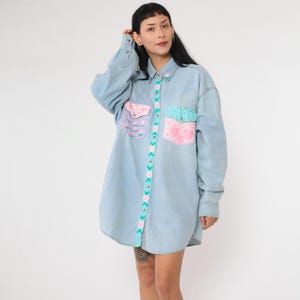 Vintage Hand Painted Shirt 90s Floral Heart Denim Button up Top Retro Jean Shirt Collared Blouse Blue Top Long Sleeve 1990s 2x Plus Size