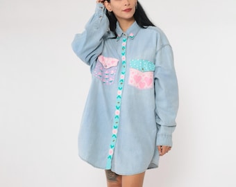 Vintage Hand Painted Shirt 90s Floral Heart Denim Button up Top Retro Jean Shirt Collared Blouse Blue Top Long Sleeve 1990s 2x Plus Size