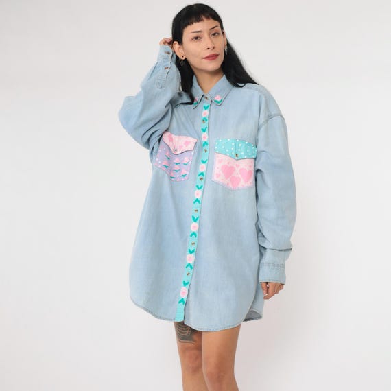 Vintage Hand Painted Shirt 90s Floral Heart Denim Button up Top Retro Jean Shirt Collared Blouse Blue Top Long Sleeve 1990s 2x Plus Size