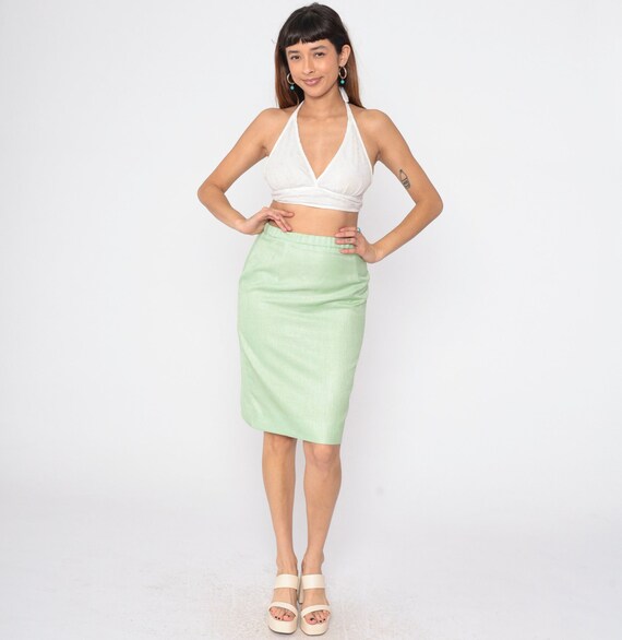 Light Green Pencil Skirt 90s Knee Length Mini Skirt Simple High Waisted Retro Preppy Secretary Casual Plain Vintage 1990s Small 6P
